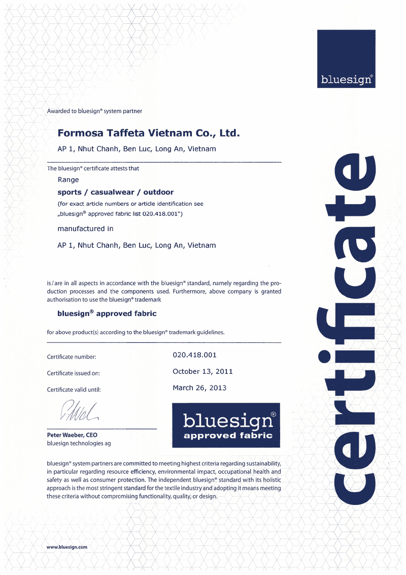 FTC bluesign Certificate - Vitnam Long An Plant