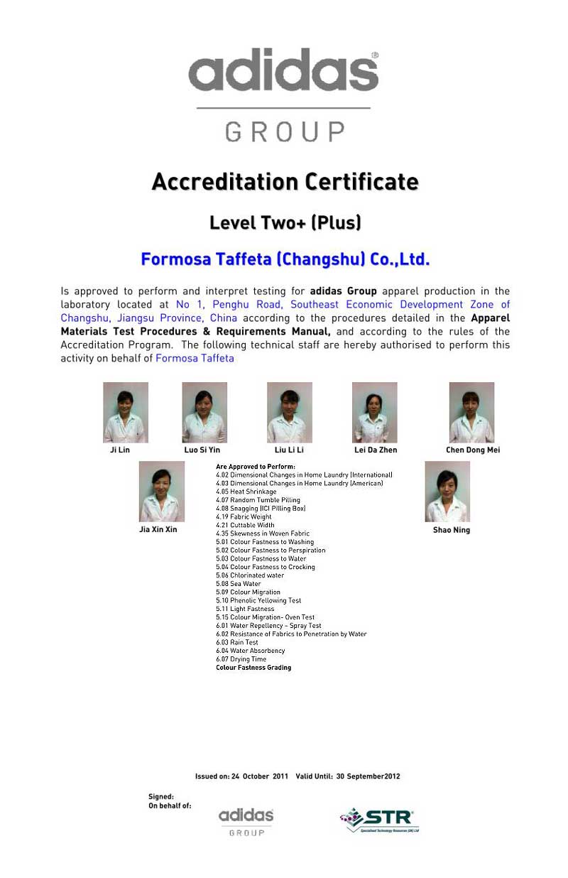 adidas Certificate for Changshu