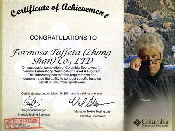 Columbia Certification-Zhong Shan 1