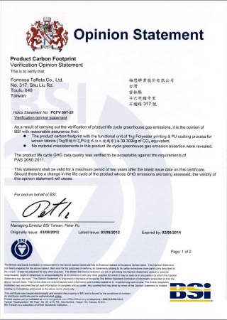 Carbon Footprint Verification Statement for the Polyester printing & PU coating process