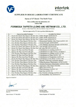 VF Laboratory Certificate for Long An Plant