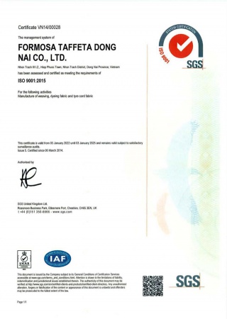 ISO 9001 Certificate for Dong Nai Plant