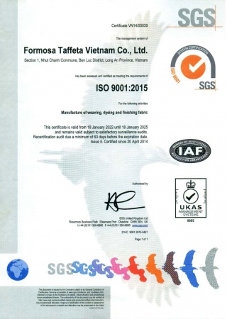 ISO 9001 Certificate for Long An Plant