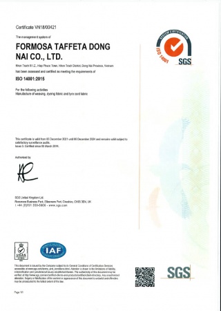 ISO 14001 Certificate for Dong Nai Plant