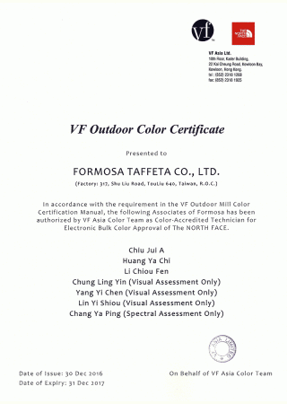 VF Outdoor Color Certificate for Color-Accredited Technicians in Taiwan Plant