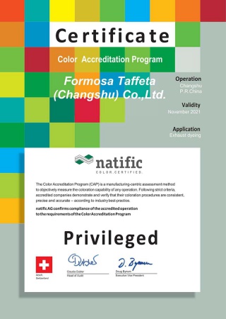 natific Color Accreditation Program Certificate for Changshu Plant