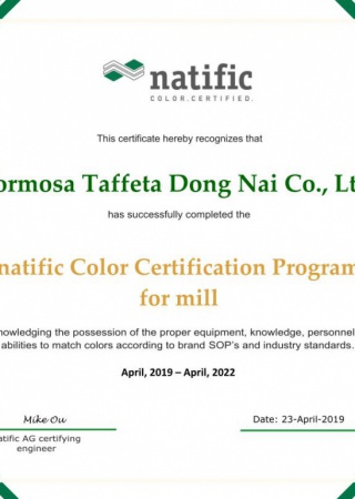 natific Color Accreditation Program Certificate for Dong Nai Plant