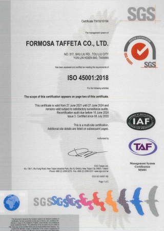 FTC ISO 45001 Certificate for Taiwan Plant