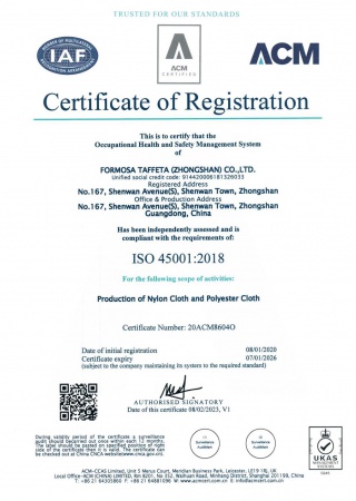 ISO 45001 Certificate for Zhongshan Plant