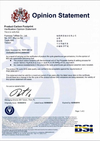 Carbon Footprint Verification Statement for the Polyester dyeing & setting process
