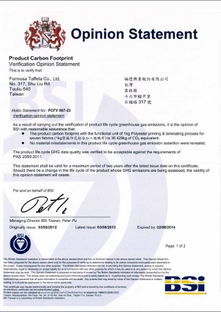 Carbon Footprint Verification Statement for the Polyester printing & laminating process
