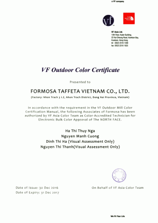 VF Outdoor Color Certificate for Color-Accredited Technicians in Dongnai Plant