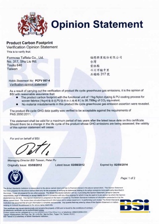Carbon Footprint Verification Statement for the Nylon dyeing & PU coating process
