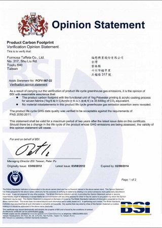 Carbon Footprint Verification Statement for the Polyester printing & acrylic coating process