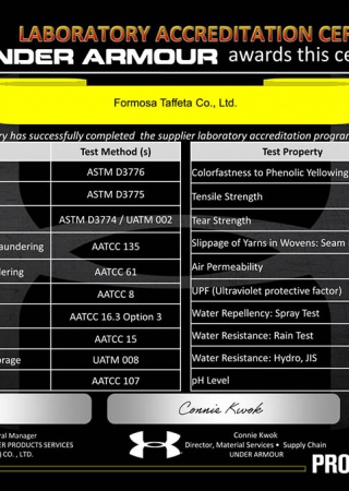 UNDER ARMOUR Laboratory Accreditation Certificate for Taiwan