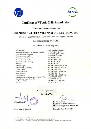 VF Supplier in House Laboratory Certificate for Dong Nai Plant