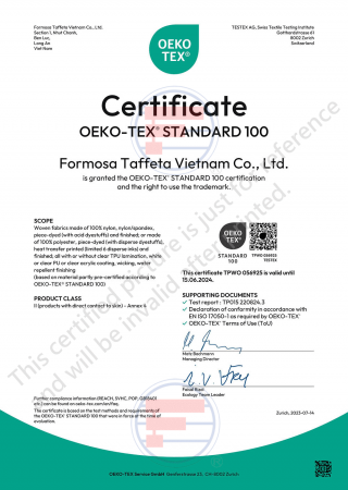 Oeko-Tex Standard 100證書_越南隆安廠(Woven fabrics made of nylon, polyester or their mixtures)