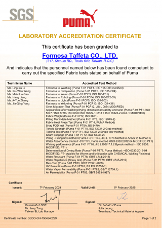 PUMA Laboratory Accreditation Certificate 1 for Taiwan
