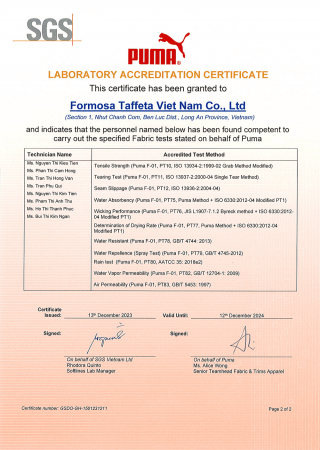 PUMA Laboratory Accreditation Certificate 4 for Long-An