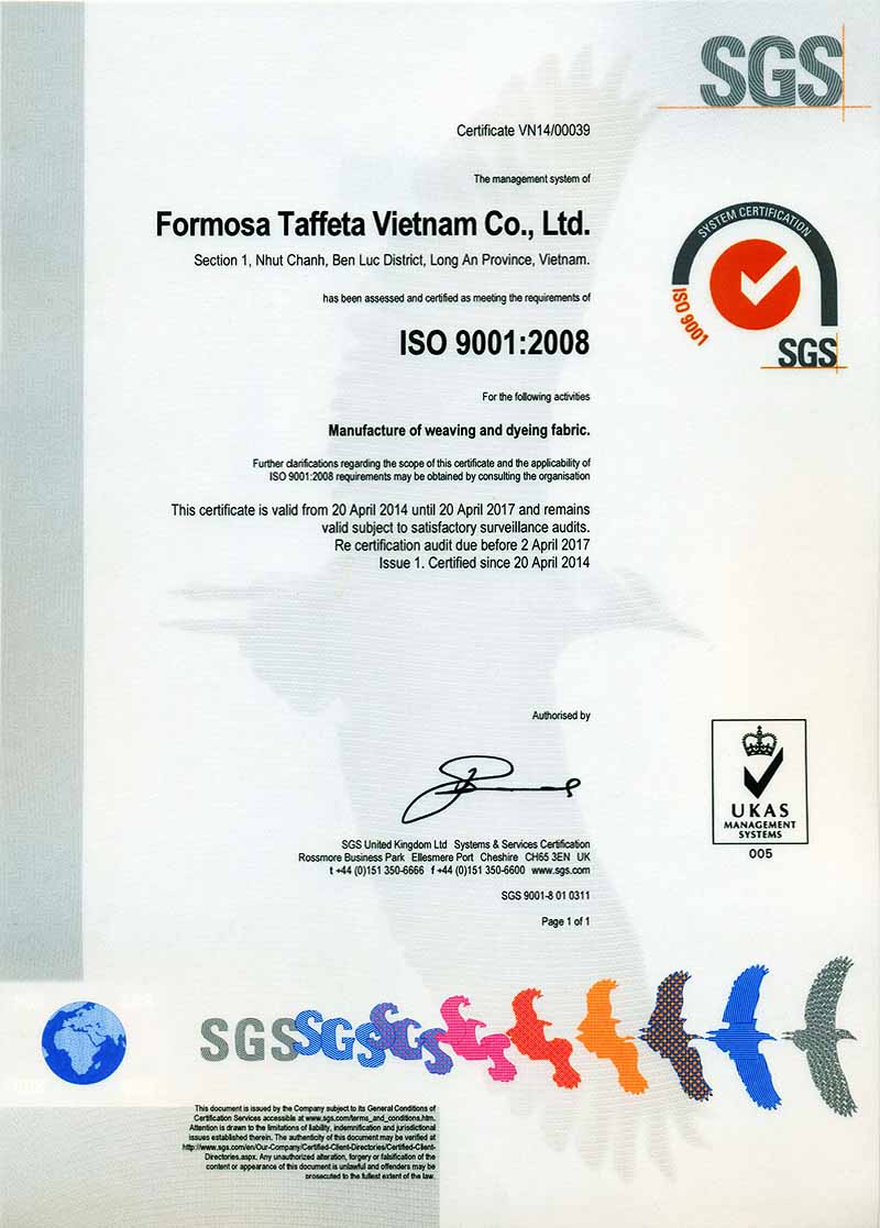 FTC SGS ISO 9001 Certificate for Vietnam Plant