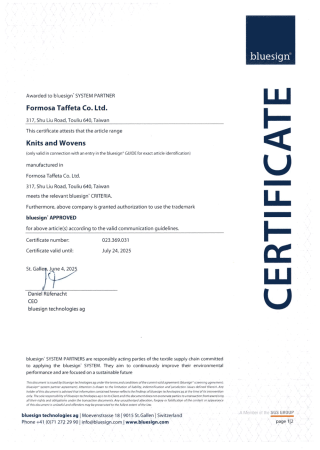 bluesign Certificate for FTC Plant