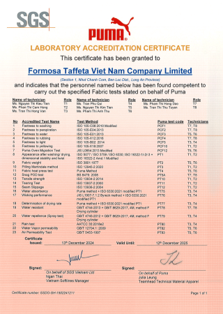 PUMA Laboratory Accreditation Certificate for Long-An