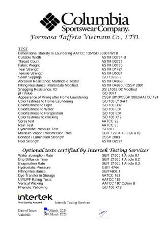 Columbia Certificate for Viet Nam Long-An Plants
