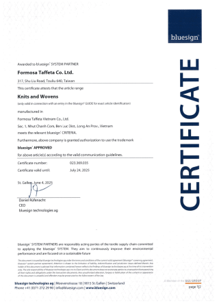 bluesign Certificate for Dong-Nai Plant