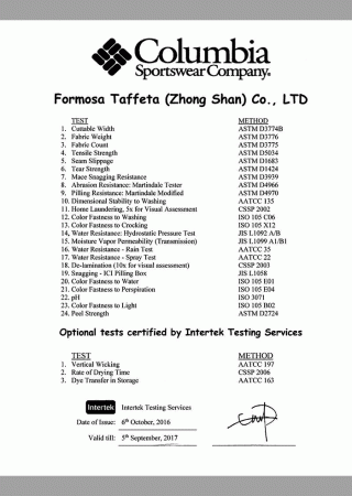 Columbia Certificate for Guangdong China Plants