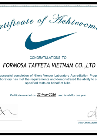 NIKE Vendor Laboratory Certificate for FTC Tay-ninh Plant
