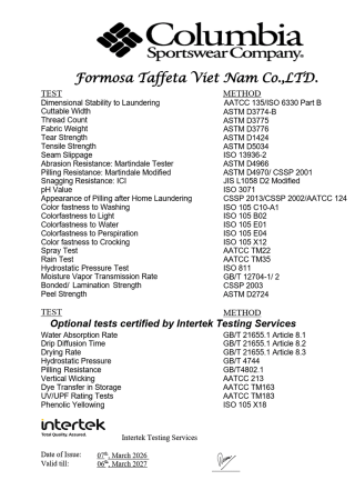 Columbia Certificate for Viet Nam Long-An Plants