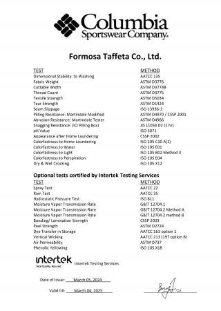 Columbia Certificate for Taiwan Plants