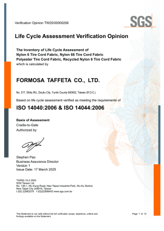ISO 14040:2006 and ISO 14044:2006 N6.N66.PET and rN6 Tire Cord Fabric-Life Cycle Assessment Verification Opinion