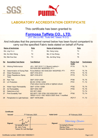PUMA Laboratory Accreditation Certificate 2 for Taiwan