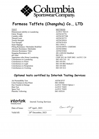 Columbia Certificate for  Jiangsu China Plants