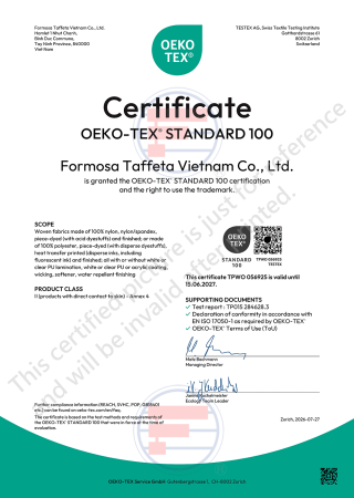 Oeko-Tex Standard 100 Certificate for Vietnam (Tay-ninh) factory(Woven fabrics made of nylon, polyester)
