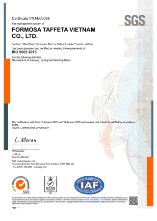 ISO 9001 Certificate for Long An Plant