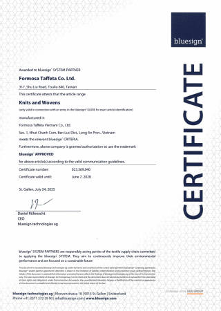 bluesign Certificate for Long-An Plant