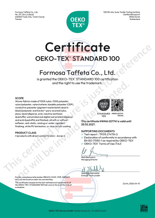 Oeko-Tex Standard 100 Certificate for Taiwan Plant (Woven fabrics made of nylon, polyester or their mixtures)