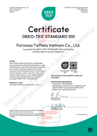 Oeko-Tex Standard 100 Certificate for Vietnam (Long-an) factory(Woven fabrics made of nylon, polyester)