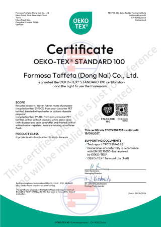 Oeko-Tex Standard 100 Certificate for Vietnam (Dong-nai) factory(Woven fabrics made of recycled nylon, recycled polyester)