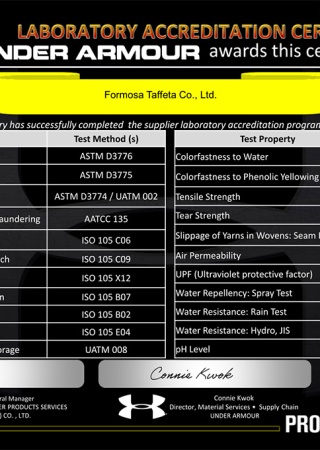 UNDER ARMOUR Laboratory Accreditation Certificate for Taiwan