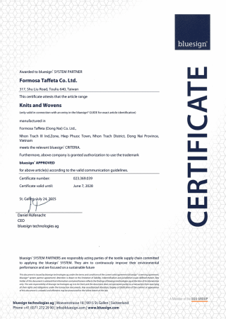 bluesign Certificate for Dong-Nai Plant
