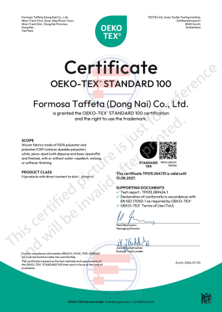 Oeko-Tex Standard 100 Certificate for Vietnam (Dong-nai) factory(Woven fabrics made of nylon, polyester)