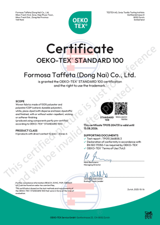 Oeko-Tex Standard 100 Certificate for Vietnam (Dong-nai) factory(Woven fabrics made of nylon, polyester)