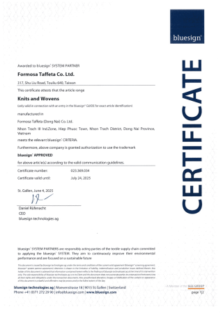 bluesign Certificate for Long-An Plant