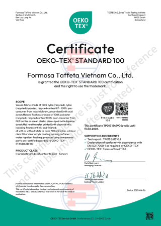 Oeko-Tex Standard 100 Certificate for Vietnam (Long-an) factory(Woven fabrics made of recycled nylon, recycled polyester)