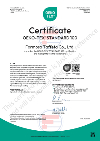 Oeko-Tex Standard 100證書_台灣廠 (Woven fabrics made of recycled nylon, recycled polyester)